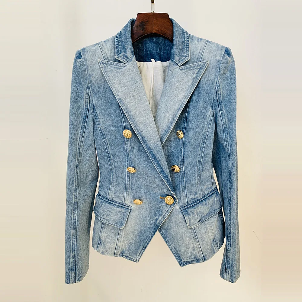 

Fashion Women Denim Blazer Jacket Newest 2023 Designer Female Double Breasted Lion Buttons Long Sleeve High Street Slim Fit Coat