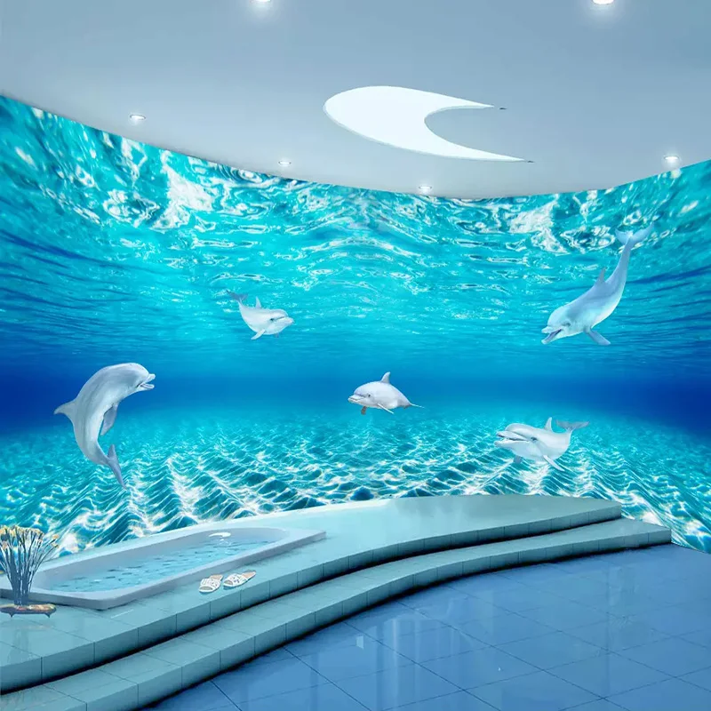 3D Stereo Dolphin Aquarium Mural Wallpaper Self-Adhesive Waterproof Bathroom Children's Bedroom Wallpaper Backdrop Wall Covering