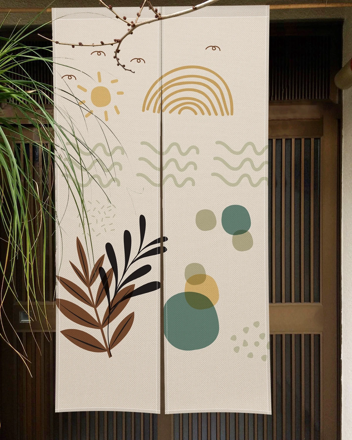 Geometric Plant Pattern Japanese Door Curtain Minimalist Noren Style Boho Bedroom Kitchen Partition Doorway Curtain Half-Curtain 4