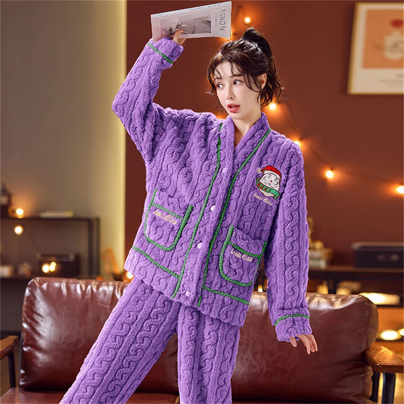 Sleepwear Women's Autumn Winter Sets New Flannel Plush Thickened V-Neck Cardigan For Home Wearing Christmas Set Red Pajamas Thic