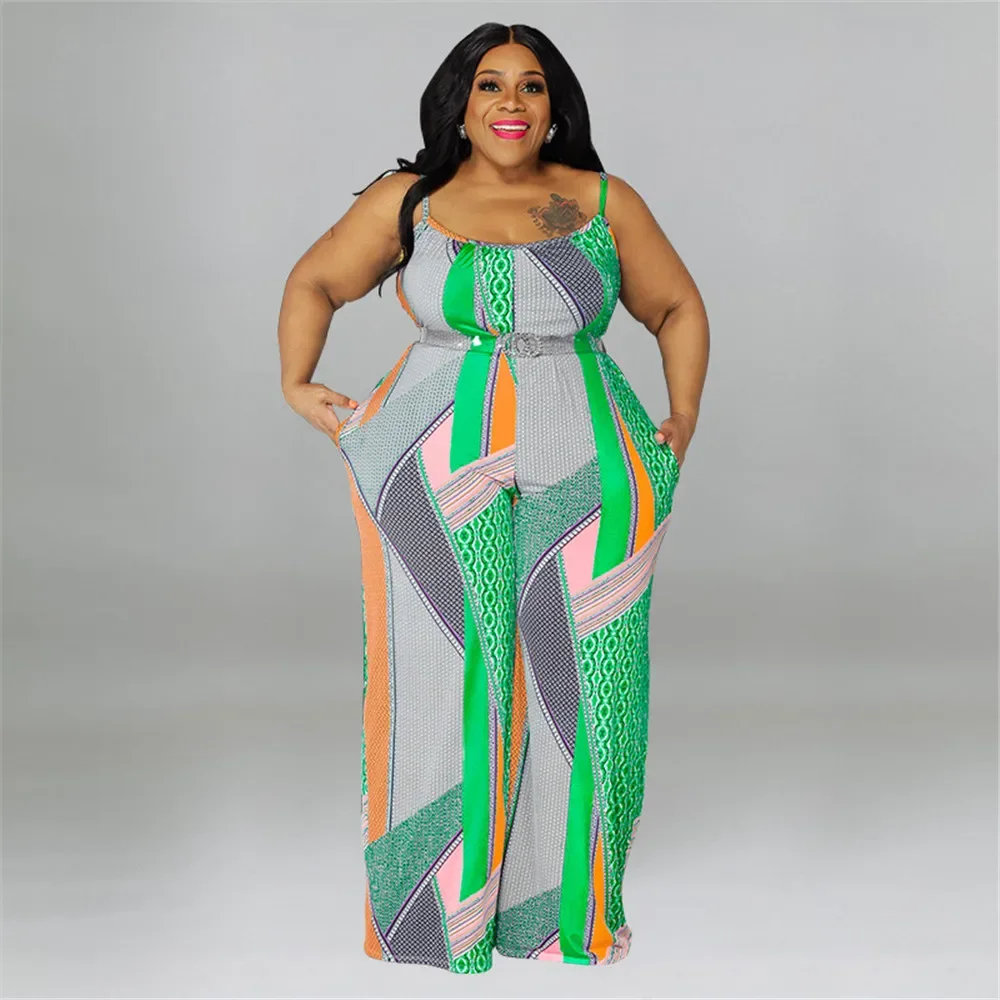 Wmstar Plus Size Women Jumpsuit Summer One Piece Print with Belt Slip Office Lady New Bodysuit Hot Sale Wholesale Dropshipping