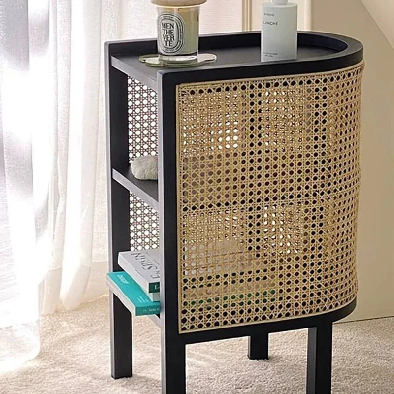 Nordic Double Layers Bedside Table Solid Wood Vine Weaving Storage Cabinet Bedroom Homestay Side Table Ins Modern Furniture