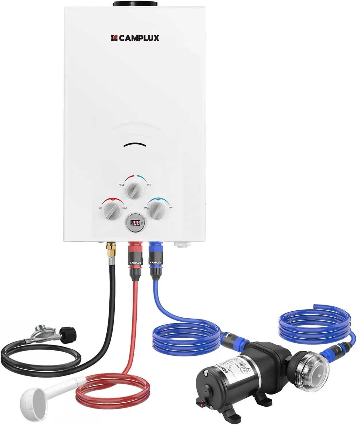 Tankless Water Heater 2.64GPM Propane with 3.3GPM Water Pump & Pipe Strainer 68,000 BTU Portable Hot Heater
