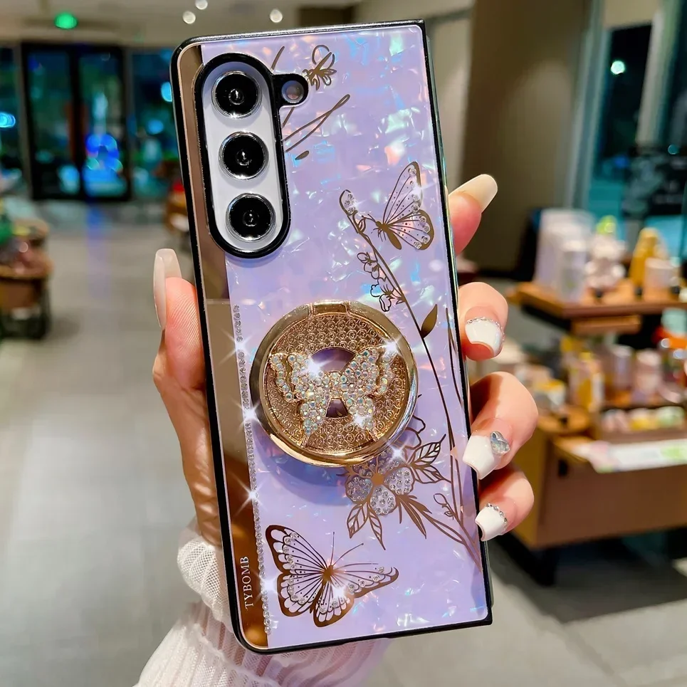 Lüks Kelebek Yüzük Stand Tutucu Telefon Kılıfı Samsung Galaxy Z Fold 6 5 4 3 Fold6 5G Darbeye Dayanıklı Arka Kapak Koruması_voghion.com