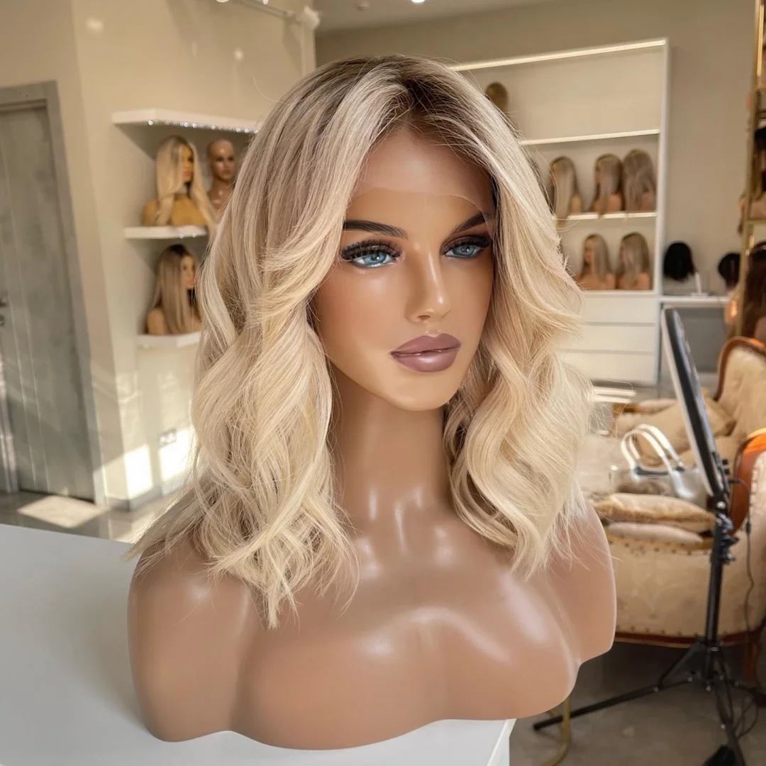 Dark Roots Ombre Blonde Highlight Wig For Women Cosplay Synthetic Lace Wig Short Body Wave Glueless Easy To Wear
