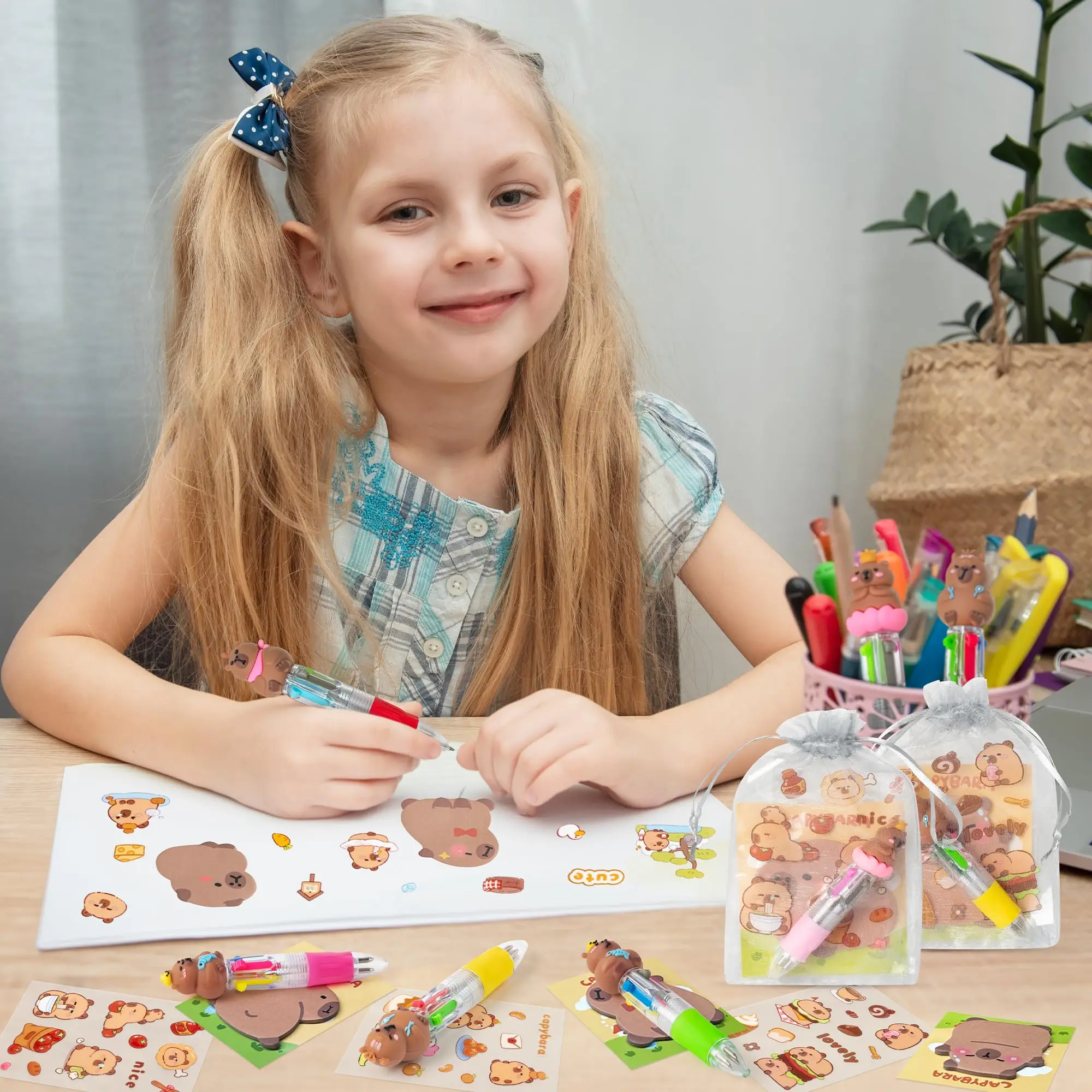 12-48Set Capybara Stationery Party Gift Fun Animal Prizes Set Include 4-in-1 Ballpoint Pens Sticky Note Sticker and Organza Bir