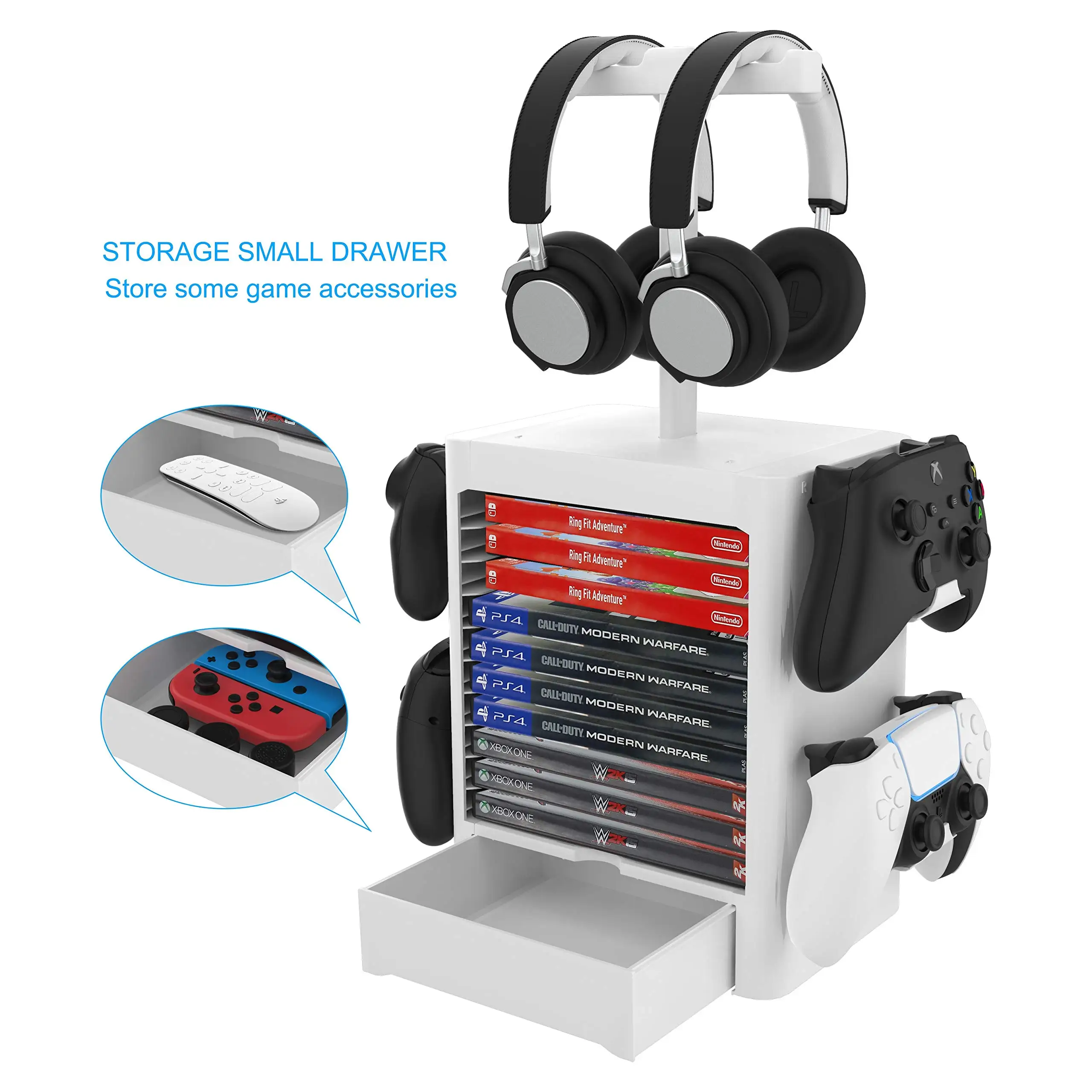 Headset and Game Organizer (up to 24 Games) for PS5 PS4 / Xbox Series S & X  / Switch Accessories, Universal Game Disc Holder Vertical Stand Organizer  Tower 