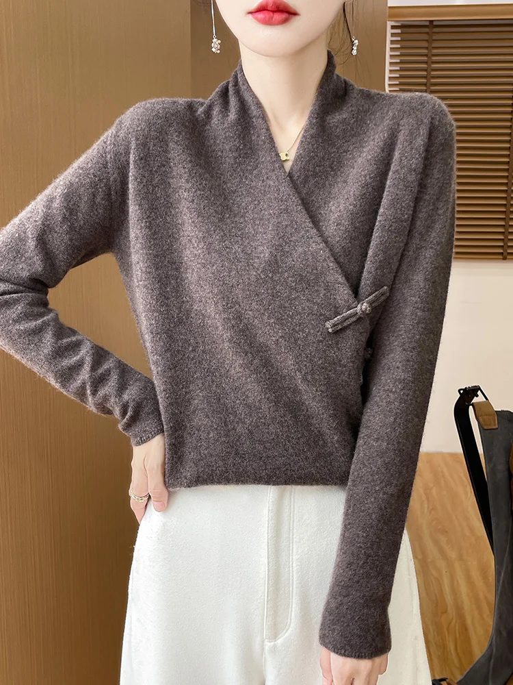 Women's Pure Wool Knitted Sweater, Buttoned, V-Neck, Loose, Simple, Top, Pullover, Casual, Fashionable, 2024 Autumn/Winter 4
