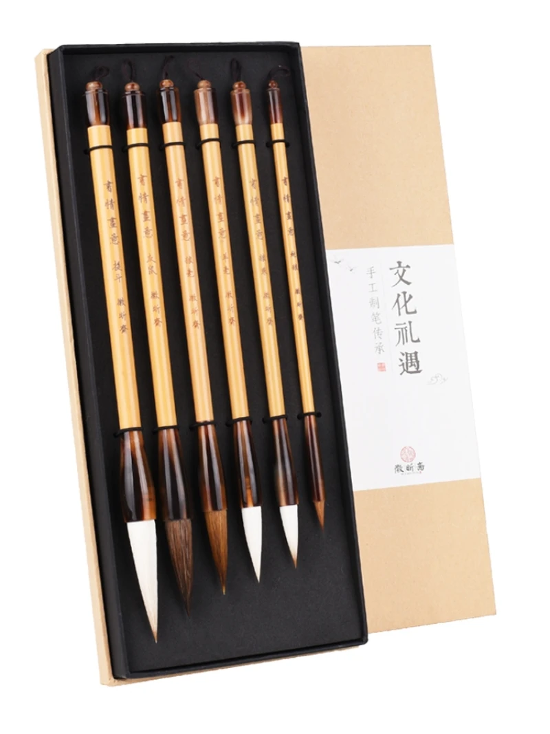 6pcs-calligraphy-brush-high-grade-chinese-brush-pen-set-weasel-hair-chinese-landscape-painting-special-set-huzhou-ink-brush