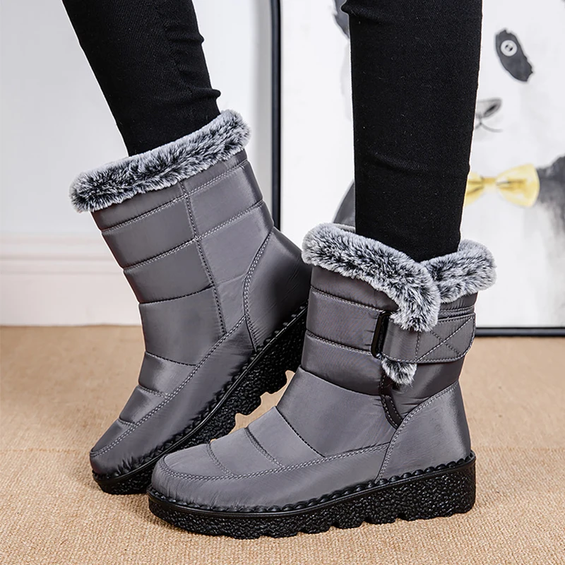 

Водонепроницаемые зимние ботинки для женщин, новинка 2023, Длинные Плюшевые ботинки из искусственного меха, женские ботильоны на платформе, теплая хлопковая обувь для пар