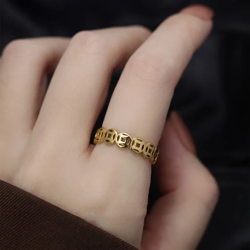 Titanium Steel Women Lucky Ring Money Catcher Coin Stainless Charm Finger Rings Feng Shui Pixiu Mantra Wealth Rings