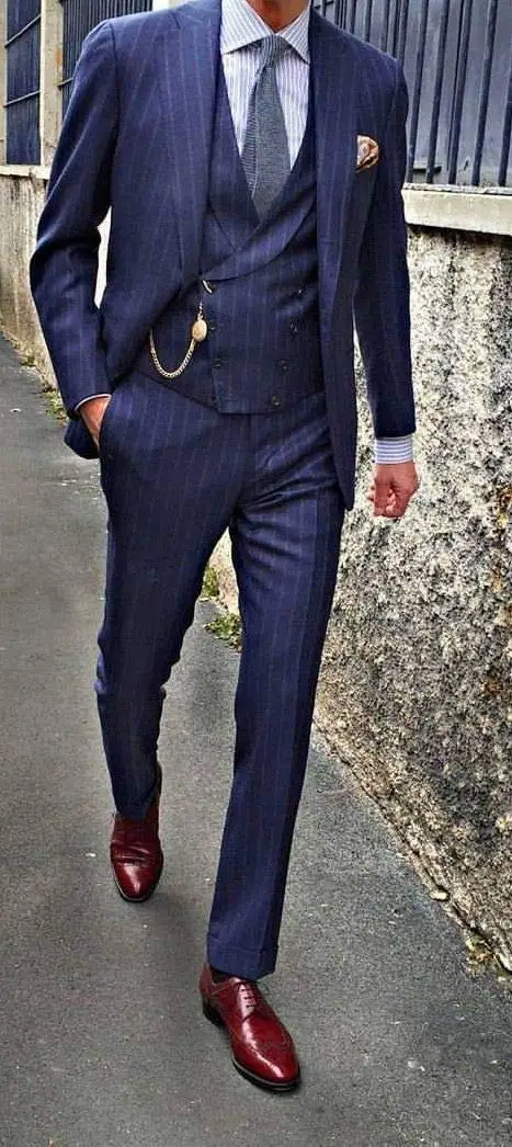 Men's One Button Pinstripe Suit Peaked Lapel Jacket Tux Vest Trousers Dress Groom Business Tuxedos men suits wedding prom suits