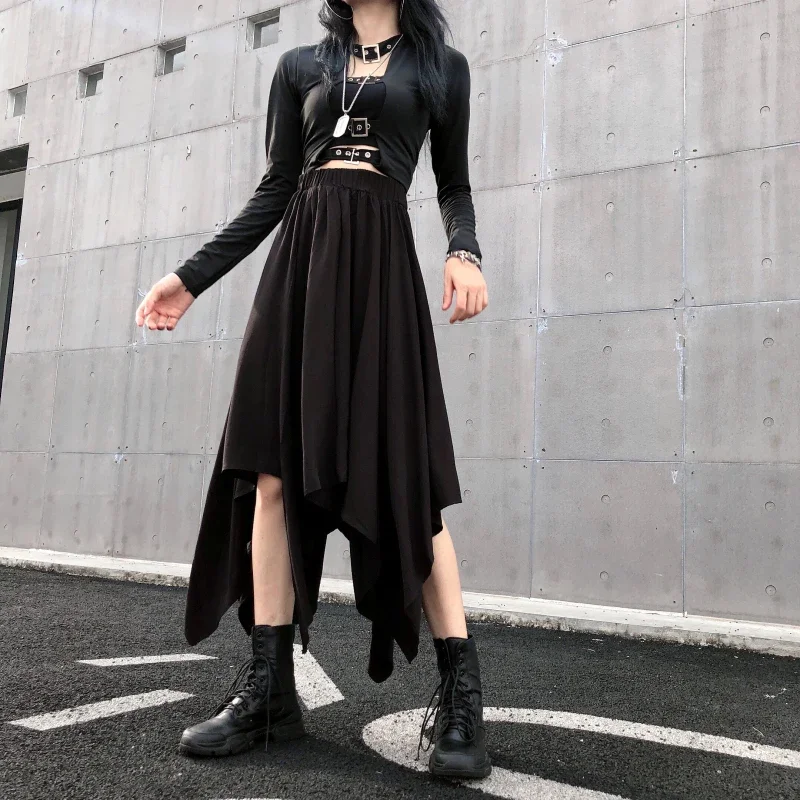 Dark Black Irregular High Waist Skirt Goth Punk Gothic Black