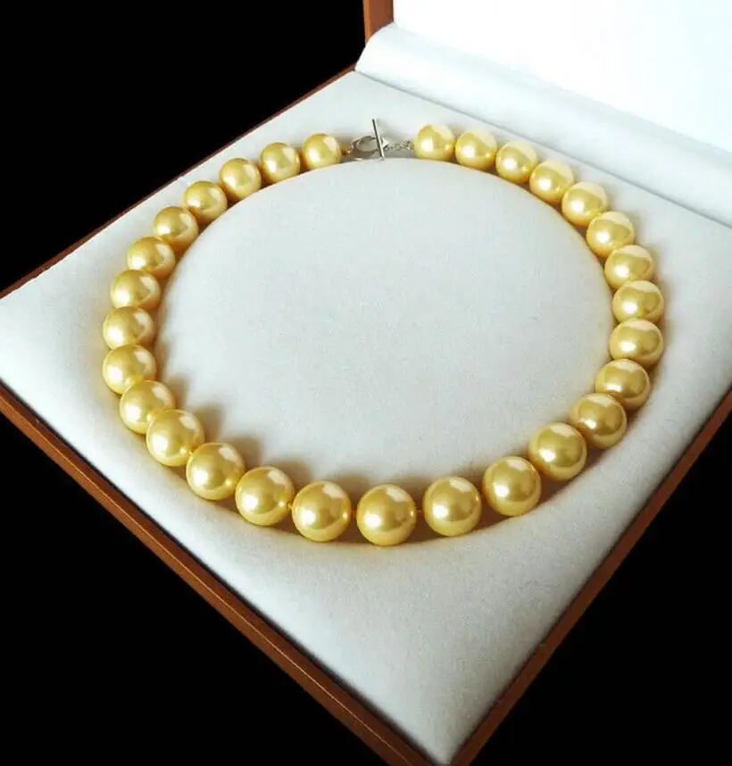 

style AAA+ 14mm round luxury fashion yellow shell pearl necklace