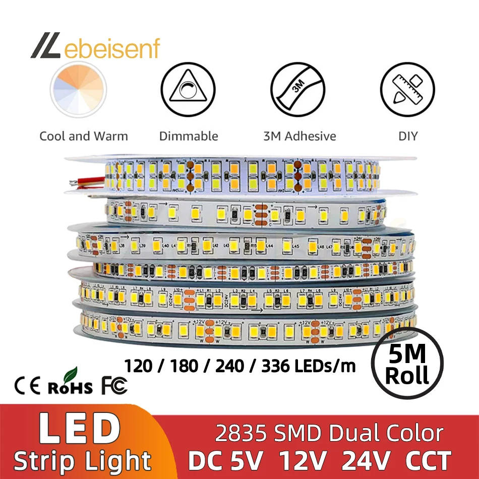 

5M/Roll DC 5V 12V 24V LED Dual Color Strip Light 120 180 240 336 LEDs/M 5MM 8MM 12MM Wide PCB Flexible CRI Dimmable CCT Bar Lamp