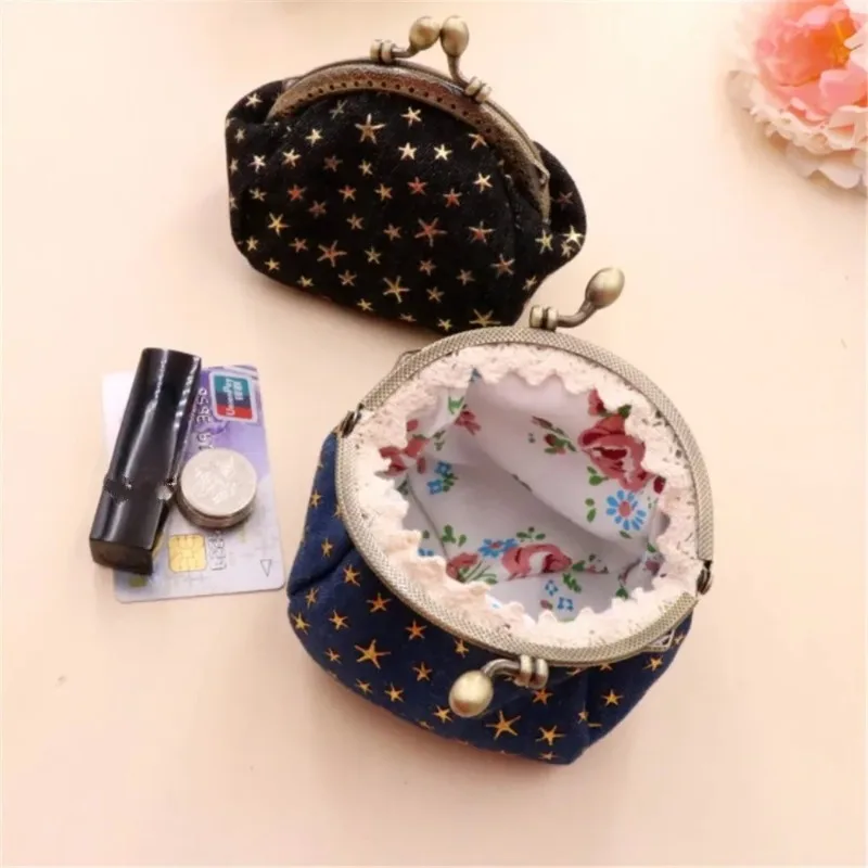 Women Card Bag Denim Fabric Coin Purse Five Pointed Star Buckle Small Wallet Simple Retro Versatile Hand-held Lipstick Key Bags