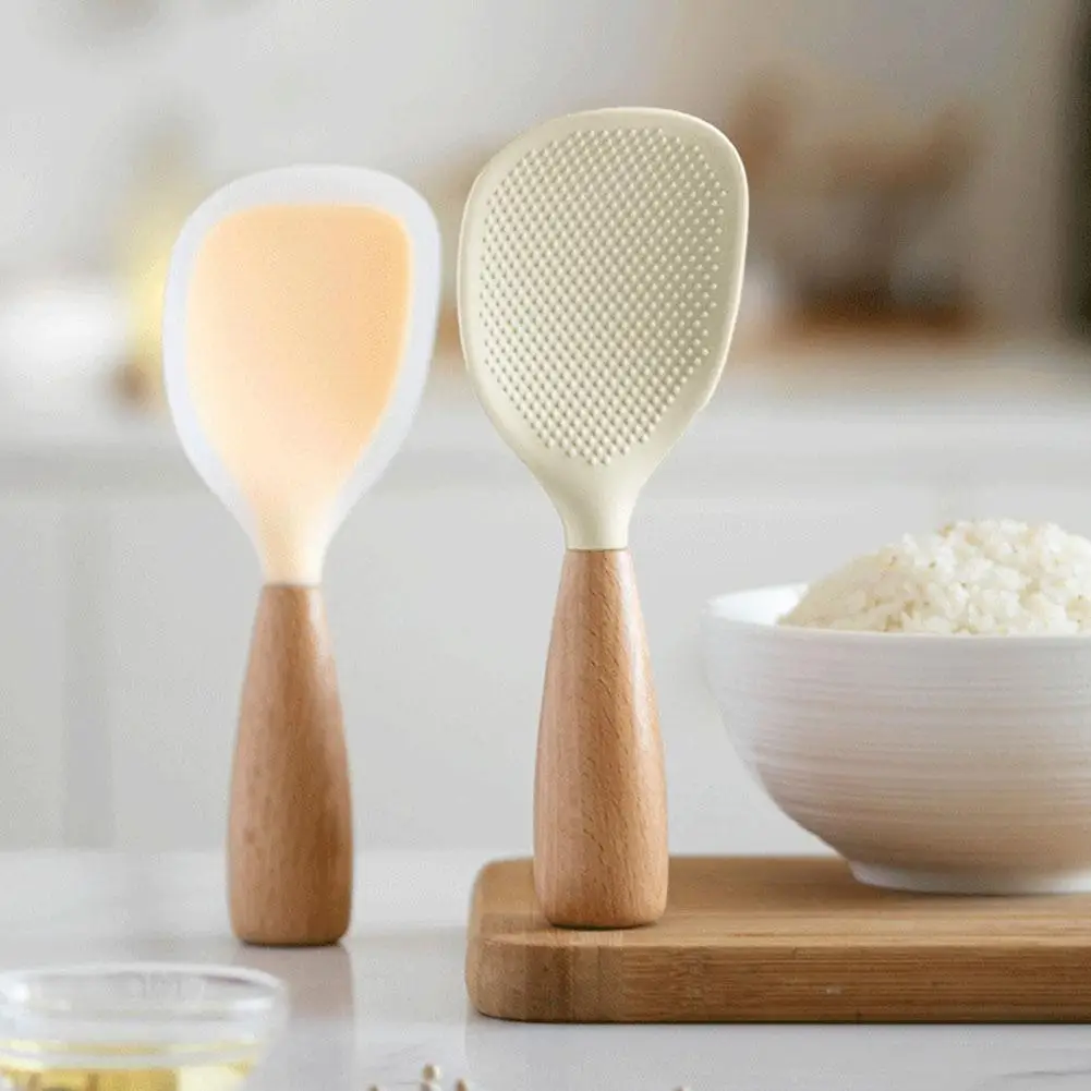 Silicone Rice Spoon Non-stick Cooking Spoon Anti Scalding Paddle Shovel Spatula Wooden Handle For Tableware Kitchen Gadgets