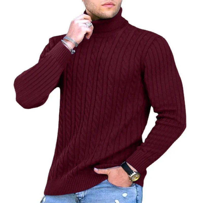 

Вязаный свитер для мужчин, зимний Молодежный Новый утепленный однотонный полосатый свитер с высоким воротником, базовая мужская одежда