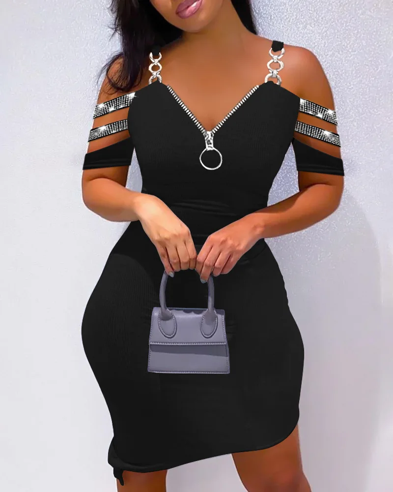 

Cold Shoulder Rhinestone Zipper Design Bodycon Dress Women V Neck Sexy High Waist New Spring Summer Mini Dress