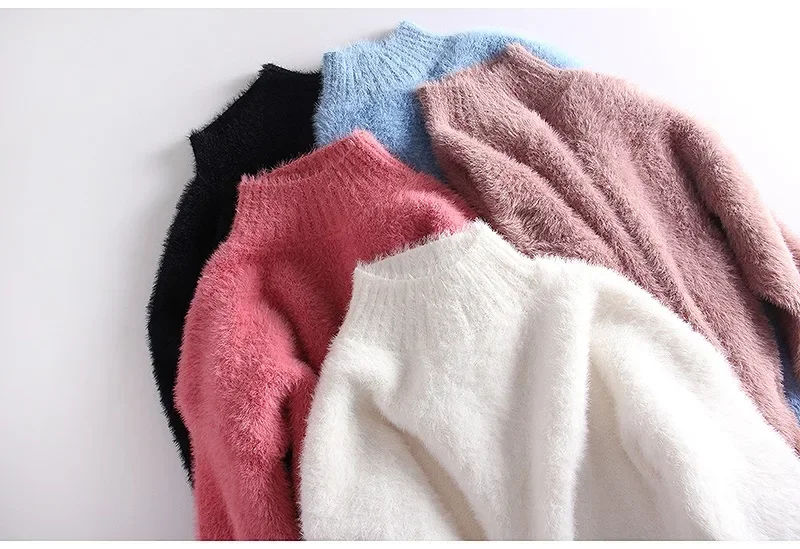Winter Mink Faux Cashmere Thick Sweater Women Jumper White Pull Femme Loose Pullover Knitted Fluffy Sweaters For Women Winter