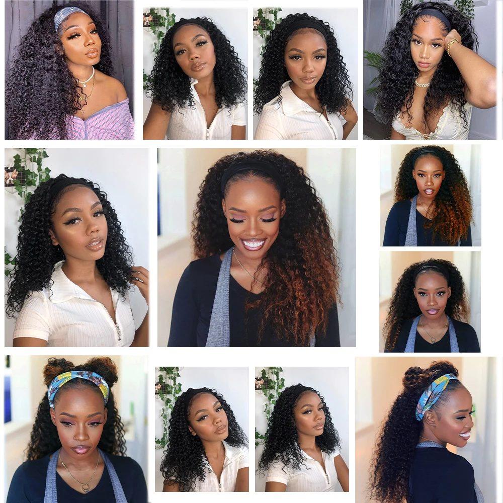 Synthetic Headband Wig For Black Women Kinky Curly Medium Length 18" Ombre Brown Glueless Machine Made Hair Scarf Wig X-TRESS synthetic wig