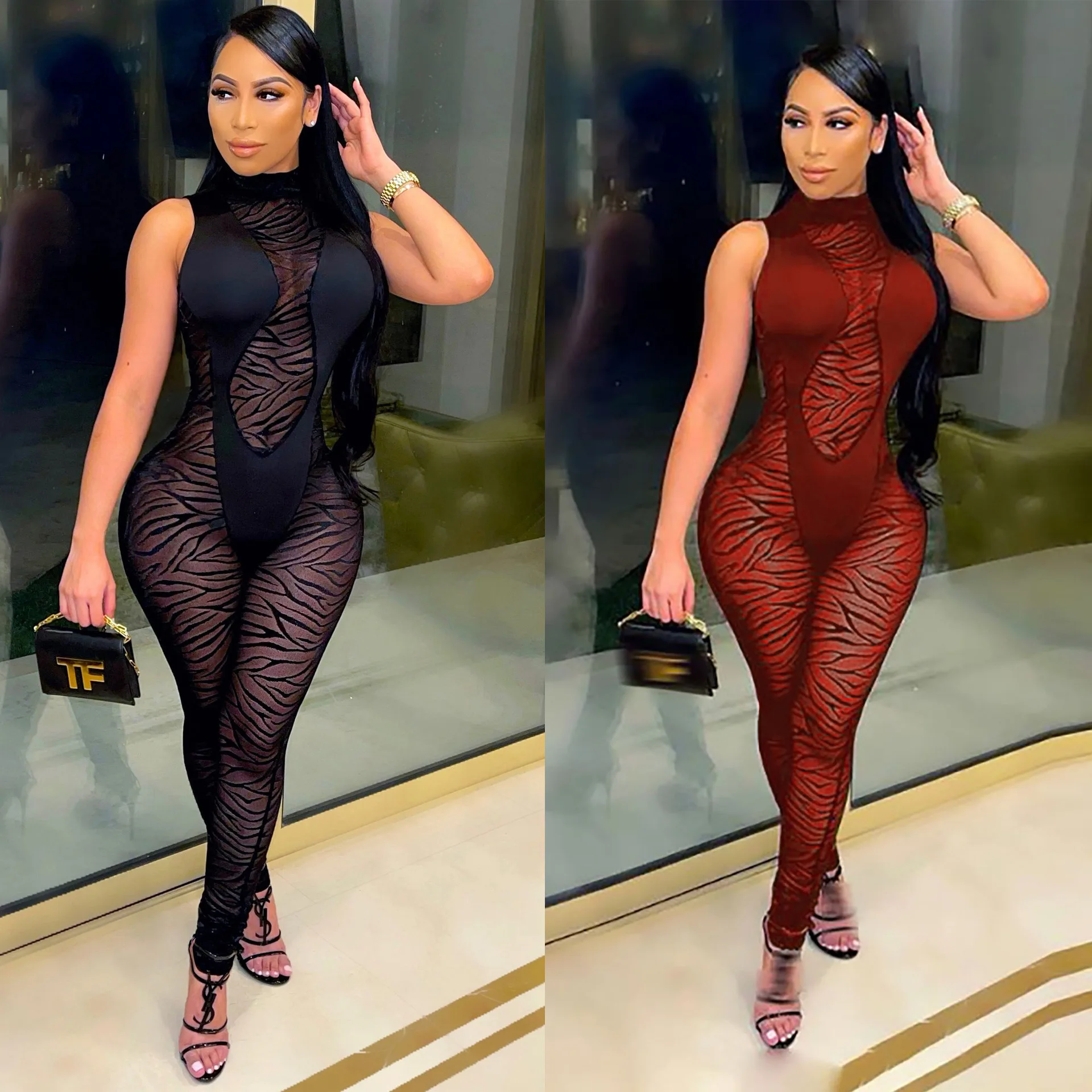 BKLD Clothes For Women Mesh Stitching Sexy Perspective Turtleneck Sleeveless Bodycon Jumpsuit One Pieces Nightclub Outfit