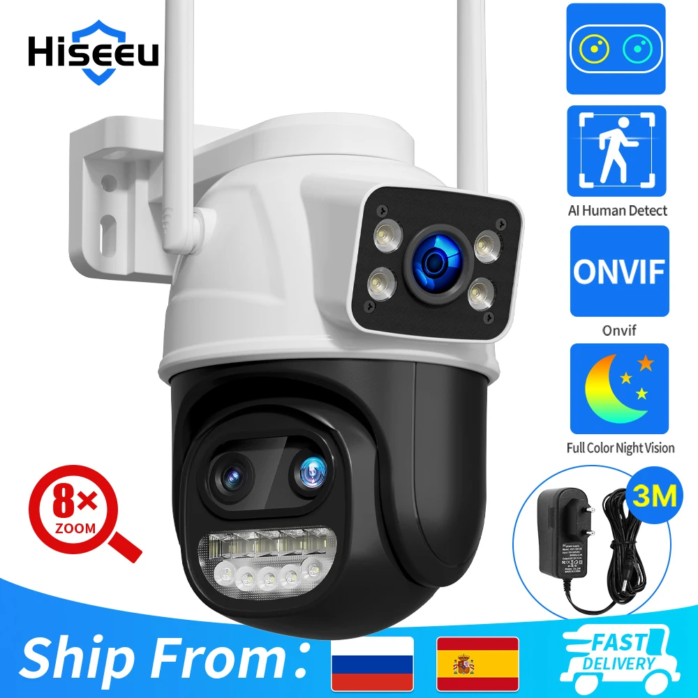 Hiseeu-cámara IP de seguridad con seguimiento automático, dispositivo de videovigilancia de 9MP, tres lentes y pantalla Dual, WIFI, Zoom 8X, PTZ