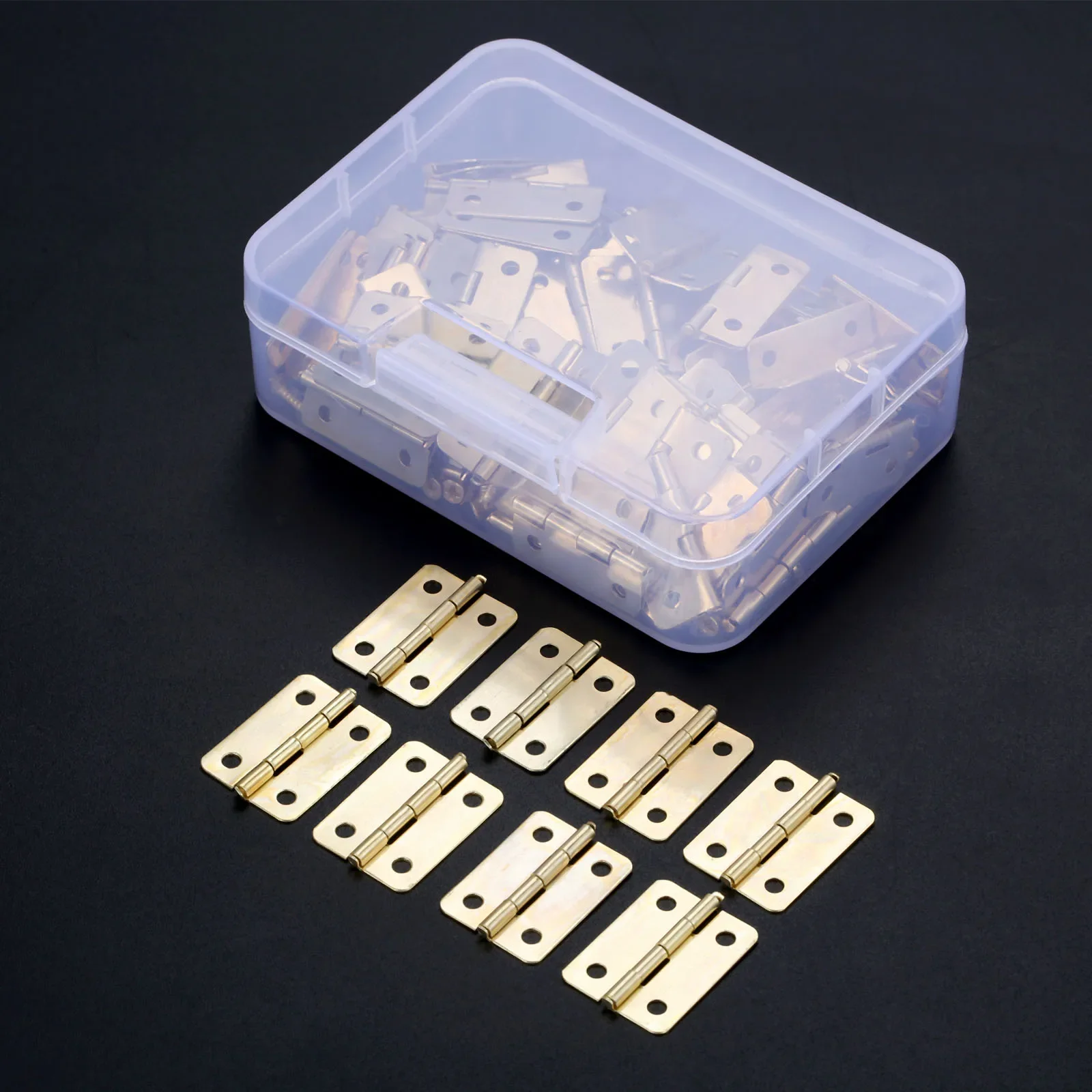 100pcs 경첩 + 400 나사 철 황금 4 구멍 23*19mm 캐비닛 둥근 접이식 경첩 미니 가구 나무 상자 하드웨어 + 보관 케이스