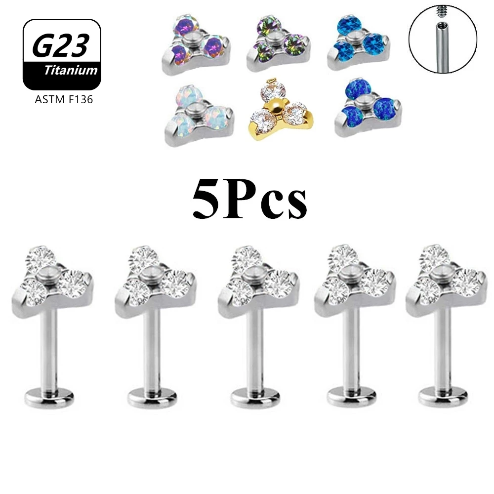 5Pcs ASTM F136 Titanium Earrings Pierc Studs Triangle Labret Stud Helix Ear Cartilage Lip Bar Body Piercing Jewelry Wholesale