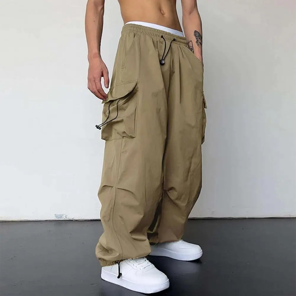 

Men Cargo Pants Solid Color Multi Pocket Long Trousers Elastic High Waist Deep Crotch Ankle-banded Hip Hop Pants For Daily