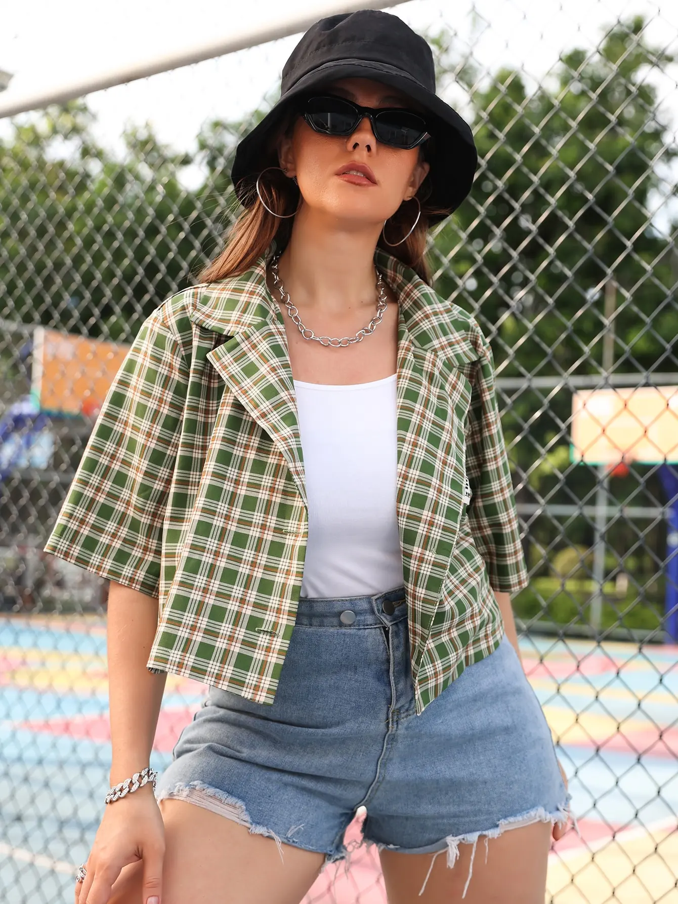 

Finjani Plus Size Casual Blazer, Women's Plus Plaid Print Half Sleeve Lapel Collar Letter Patch Crop Coat