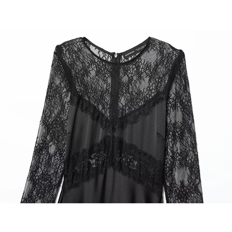 2025 New Women Fashion Lace Splicing Dress Long Dresses Translucent Chic Dresses Women Long Sleeve Evening Party Dresses