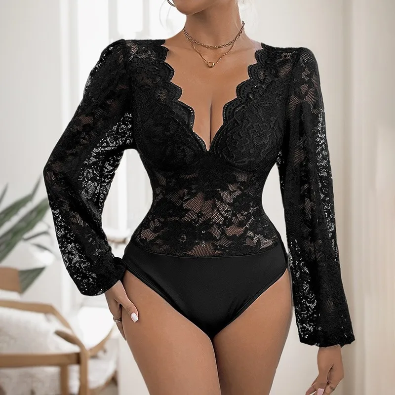 Tight Sexy Long Sleeve V-neck Lace Onesie Polyester Women Jumpsuit Roupas Femininas Sexyropa De Mujer Rompers For Women