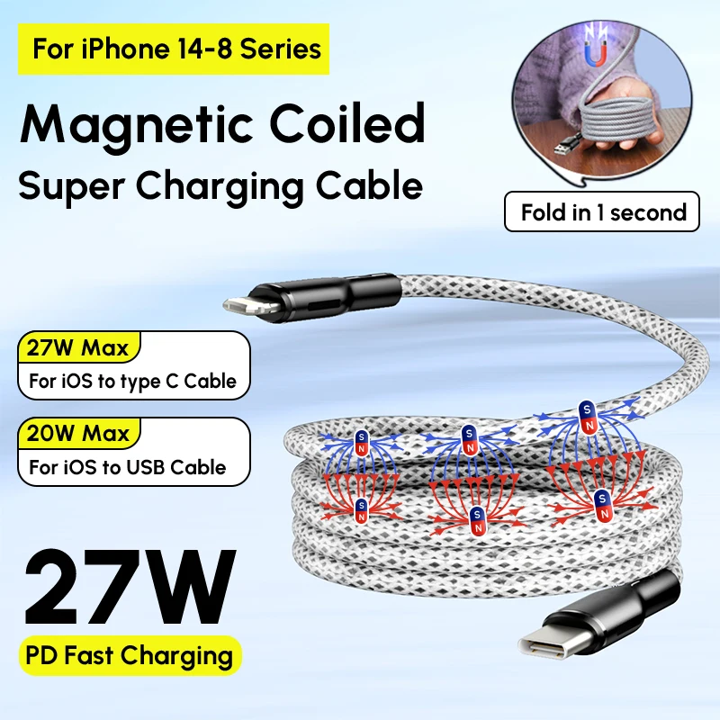Magnetic Charging Cable 100W Nylon 27W Fast Charging PD USB C To iOS for IPhone 15 14 13 12 Pro max Samsung S23 S22 Type C Coiled Magnet