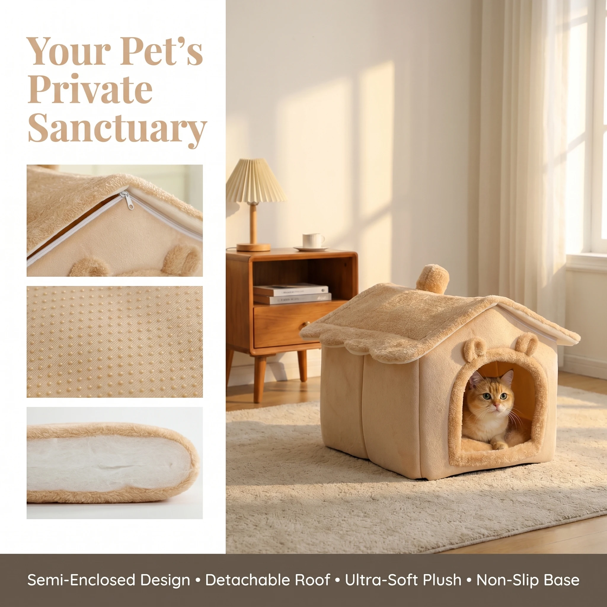 Lit maison pliable et lavable pour chat et petit chien avec coussin amovible_voghion.com