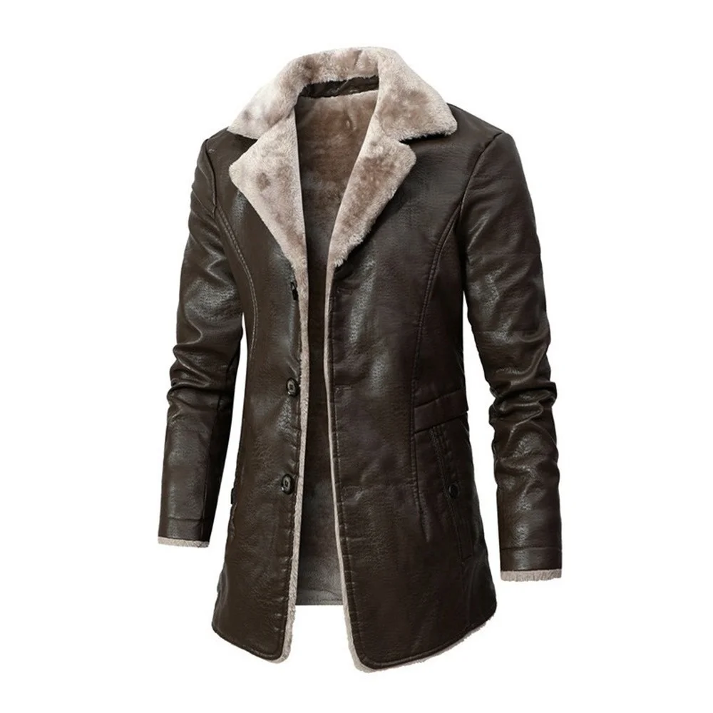 

New Winter Fleece Plush PU Fashion Business Casual Middle And Long Suit Collar Men's Windbreaker Leather Jacket Coats