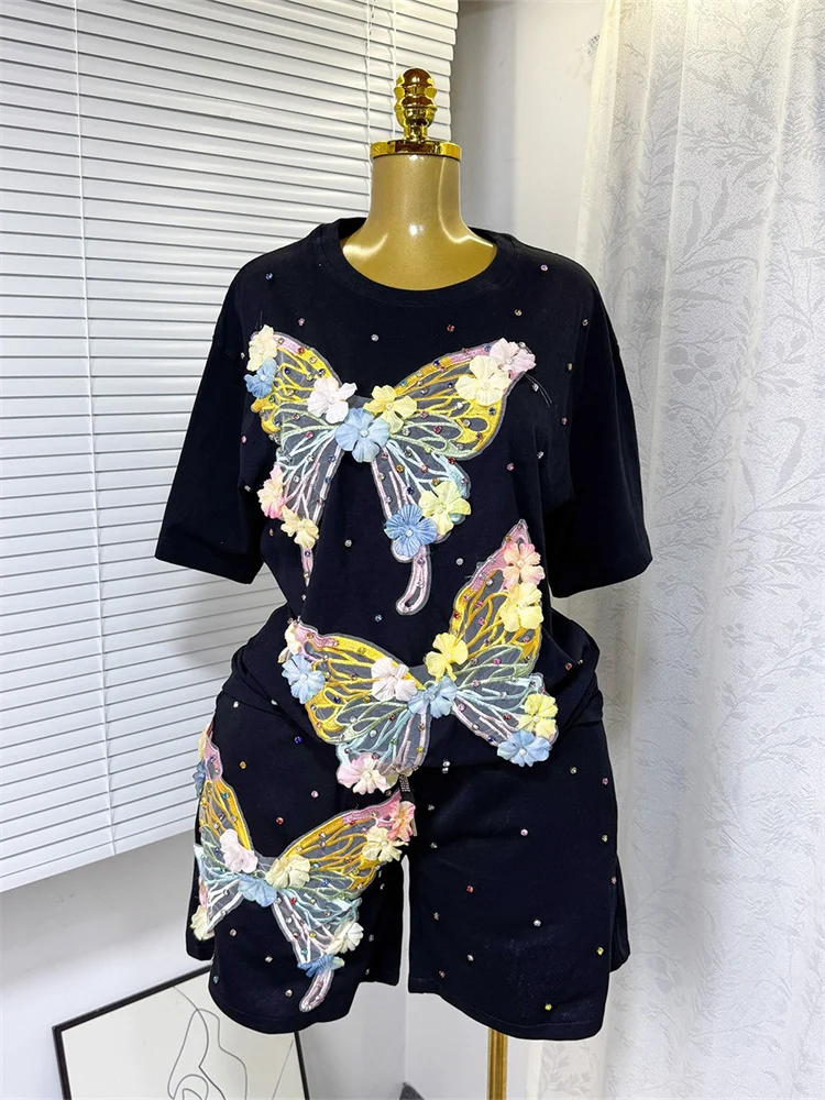 Wmstar Two Piece Sets Women Wholesale Casual Loose Butterfly Diamond Short Sleeve T Shirt Wide Leg Shorts Sets Nerw in Summer