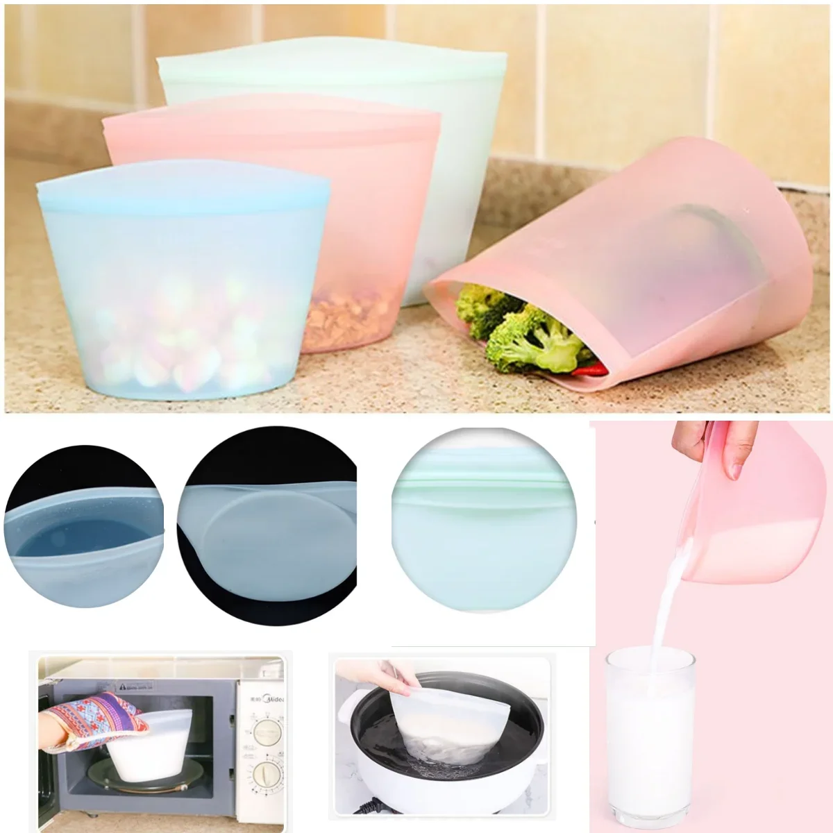 

Silicone Food Storage Containers Reusable Stand Up Zip Shut Bag Cup Fresh Bag Food Storage Bag Fresh Wrap Leakproof Containers