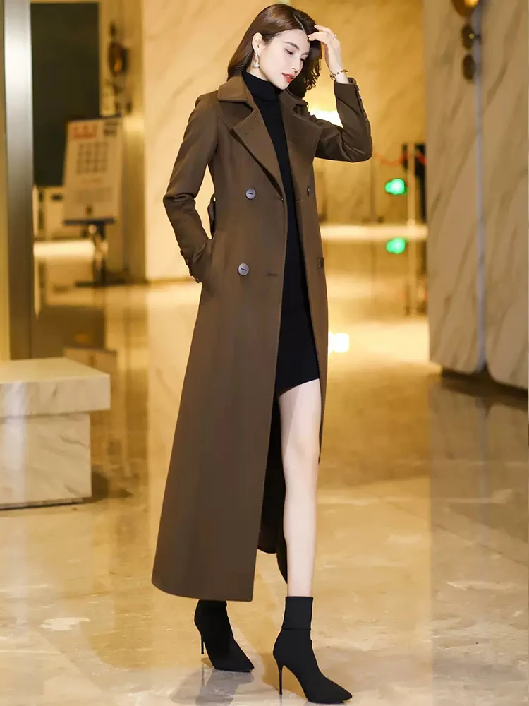 New Women Elegant Long Woolen Coat Autumn Winter Elegant Fashion Turn-down Collar Double Breasted Slim Wool Blended Overcoat
