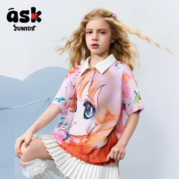 Polo estiva a maniche corte per bambini, colori contrastanti e motivo stampato per ragazze 1