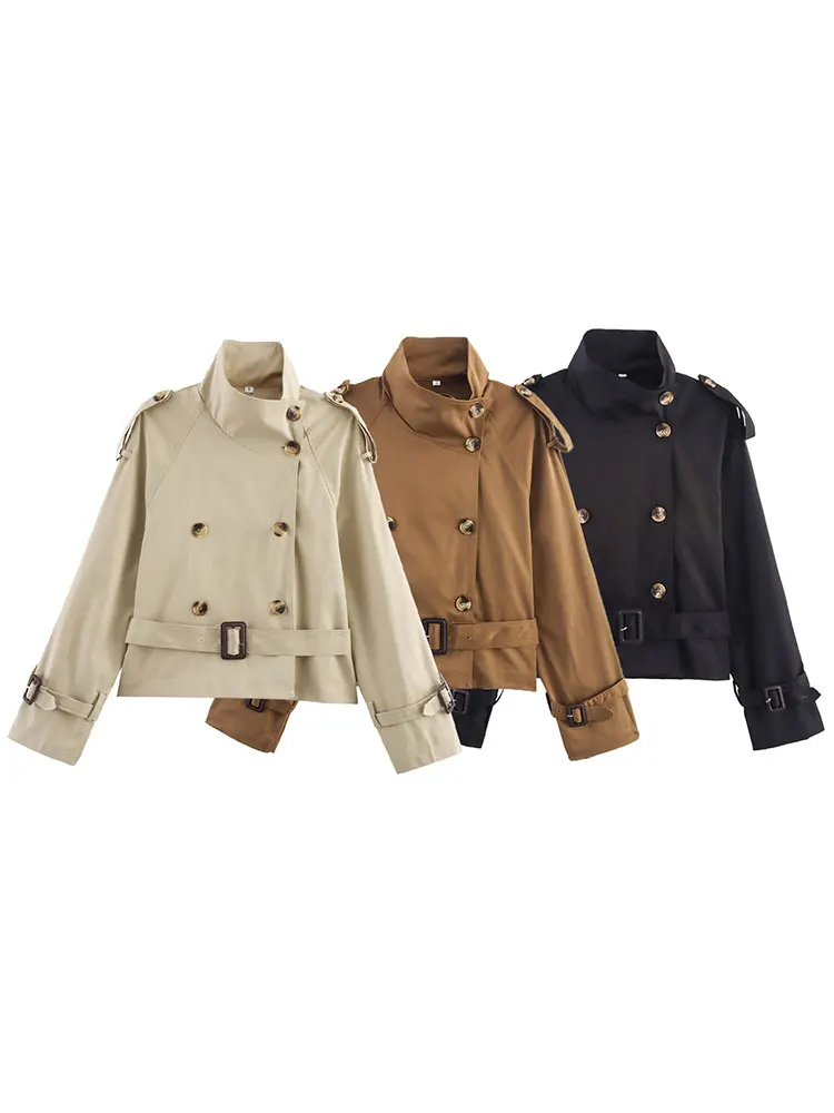 HH Women Vintage Solid Belt Trench Coat Windbreaker Double Breasted Long Sleeve Jackets Autumn Fashion High Street Lady Outwear