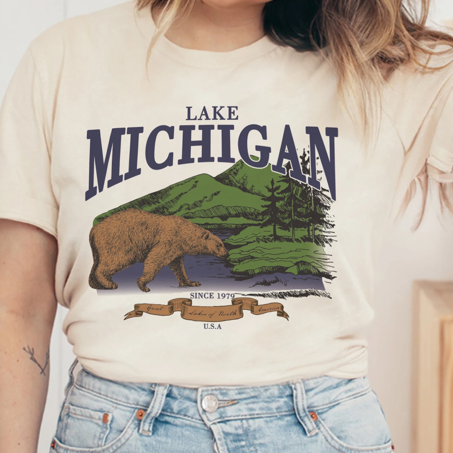 

Summer Fashion Camping Hiking Graphic Tshirts Lake Michigan Women Vintage Aesthetic T Shirt Ladies Retro Boho Travel Tees Tops