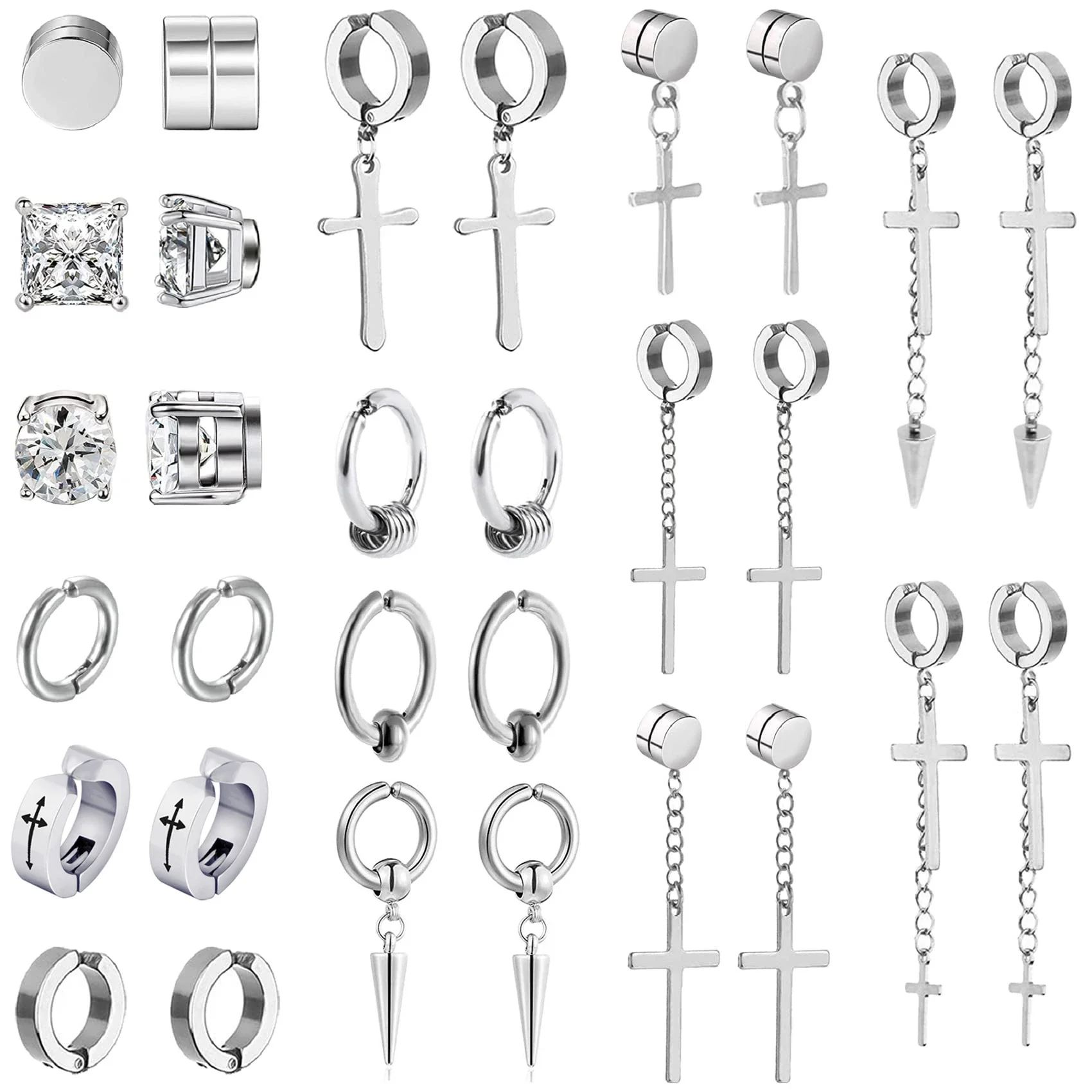 

15 Pairs Stainless Steel CZ Magnetic Stud Earrings Clip on Non Piercing Earrings Cross Hoop Dangle Earrings Set for Men Women