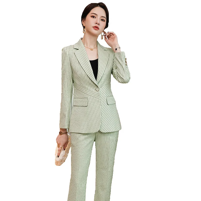 

High Quality Fabric Elegant Striped Business Blazers Suits Autumn Winter Professional OL Styles Pantsuits for Women Ladies Work