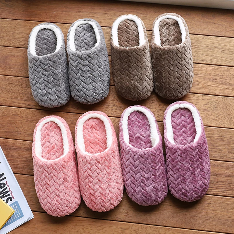 Plush Winter Indoor Slippers Simple Solid Color Warm Anti-Slip Home Shoes for Women