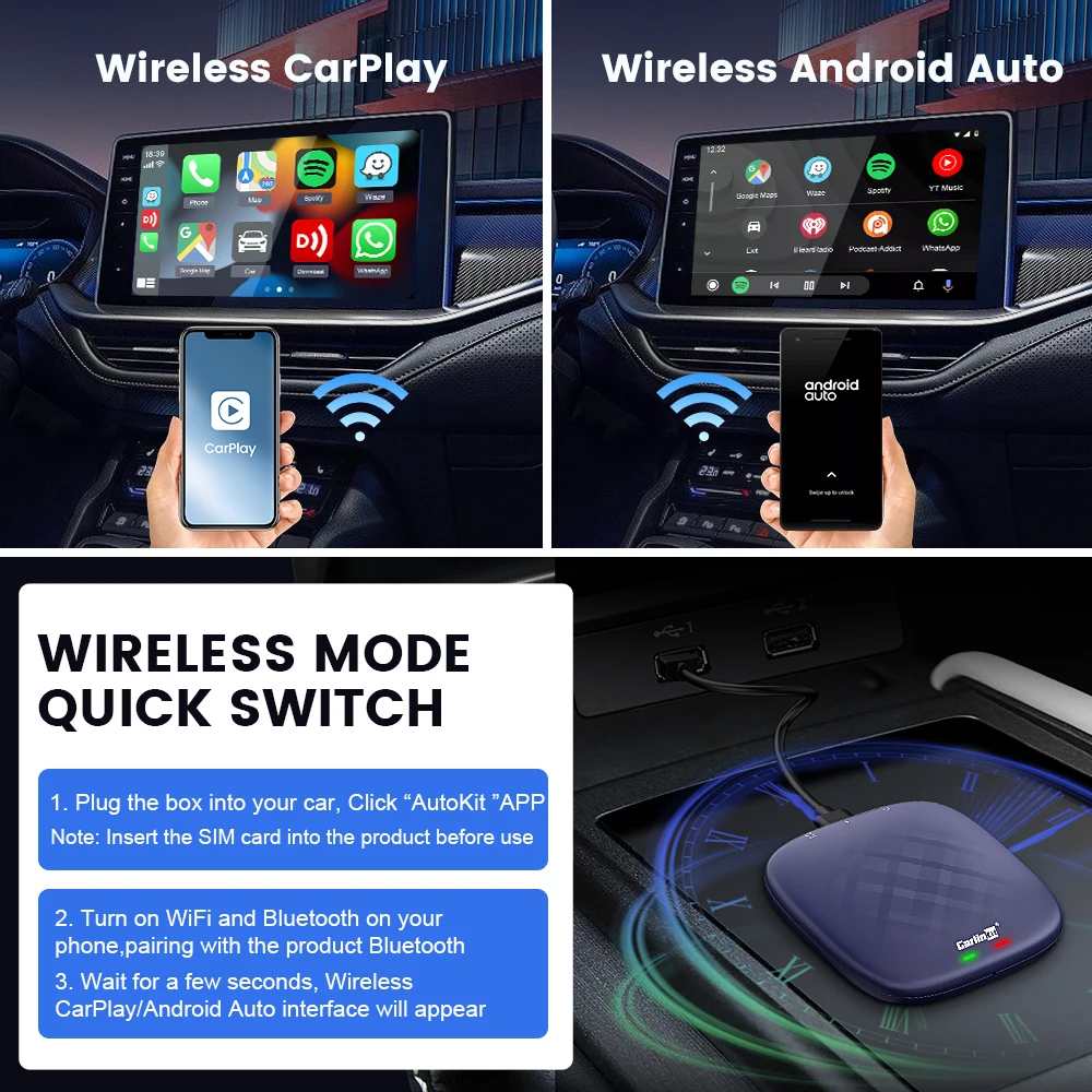 CarlinKit Adaptador inalámbrico de coche CarPlay para radio de coche  Android, Android Auto inalámbrico y Apple CarPlay 2 en 1, bajo consumo de