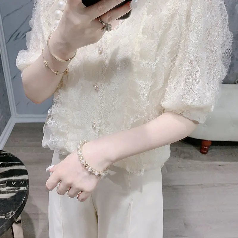 Korean Style Hollowed Out V-neck Chiffon Shirt Casual Wide Leg Pants Two-piece Elegant Women's Pants Set Summer Outfits