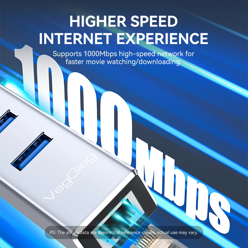 VegGieg USB C/USB 3.0-기가비트 이더넷 어댑터 1000Mbps RJ45 LAN(노트북 PC용 3포트 USB 허브 포함)