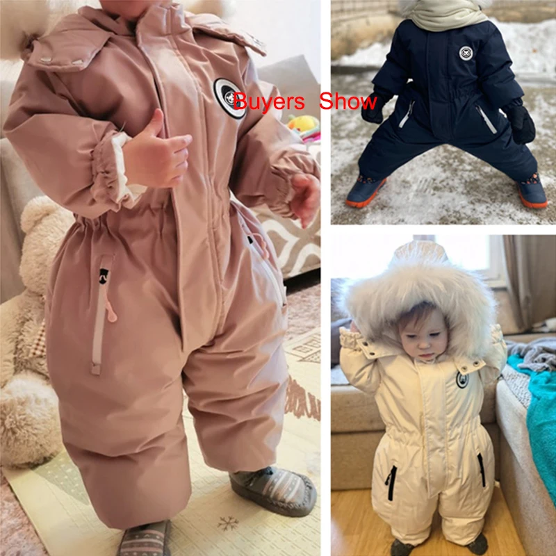 Russian Baby Ski Suit Winter Thicken Baby Jumpsuit Plus Velvet Warm Boys Overalls Coat for Girl Waterproof Children Clothing Set