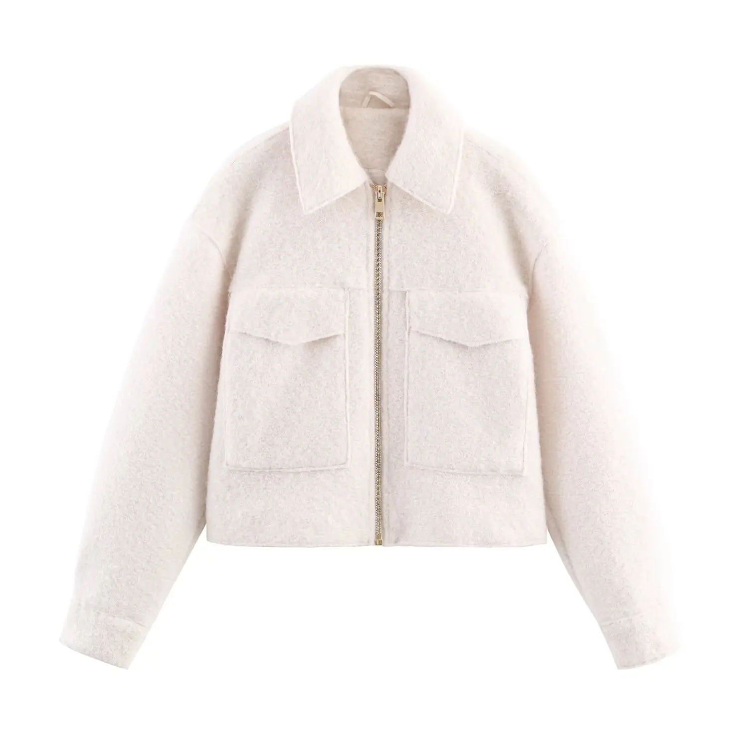 Women's turn-down collar zipper short pearl leather jacket female patch pocket decoration commuting casual jackets streetwear